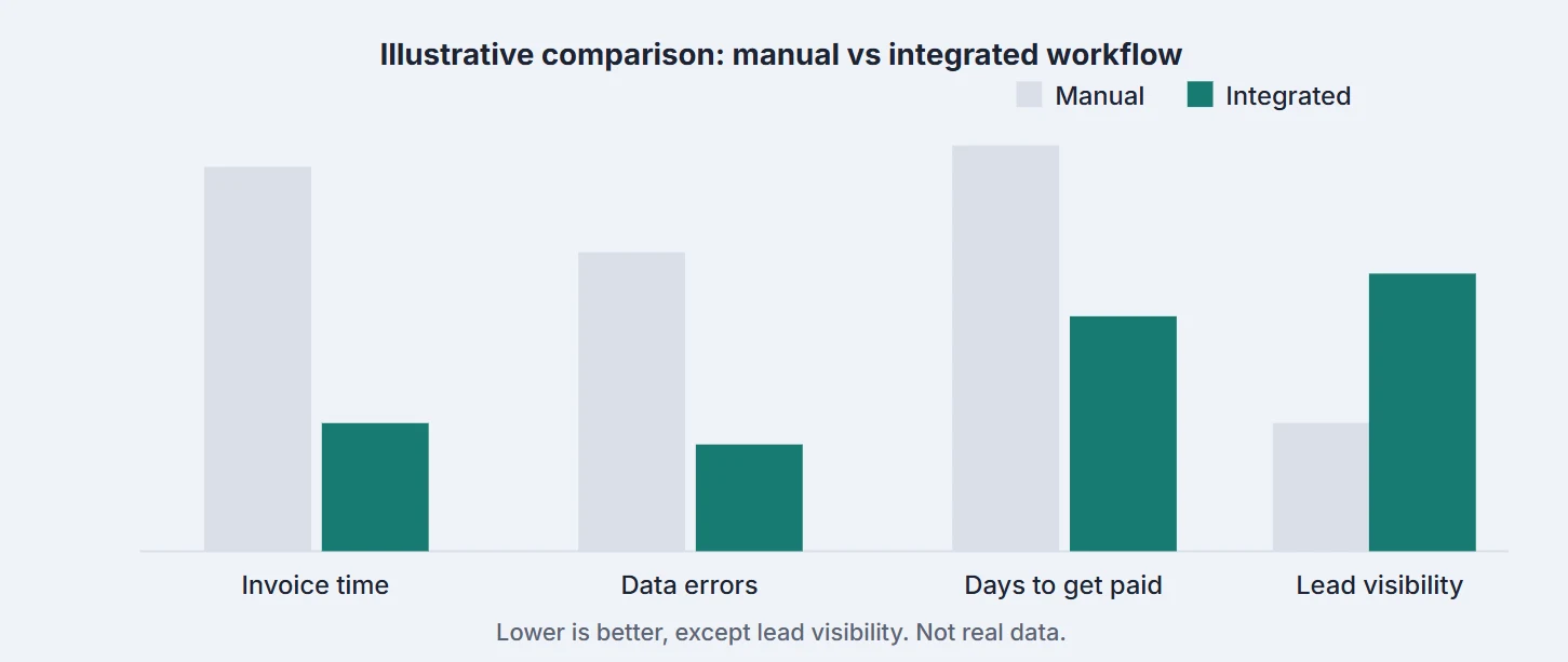 Bar chart comparing a manual workflow against an integrated one across four measures: invoice time, data errors, days to get paid and lead visibility. Bars are illustrative and carry no axis values.